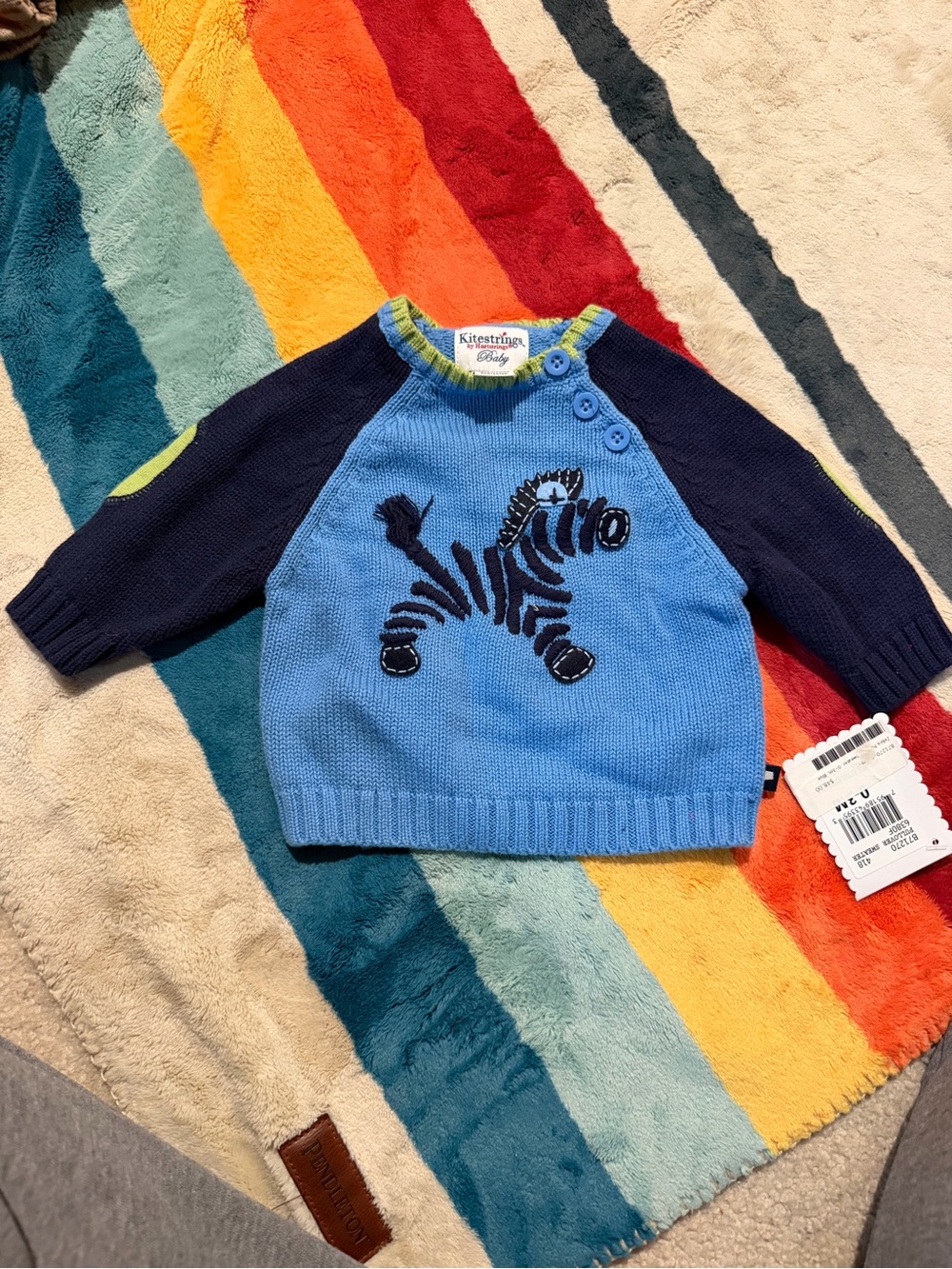 NWT Kitestrings by Hartstrings Baby Sweater 0-3M Blue Zebra Elbow Patch Pullover